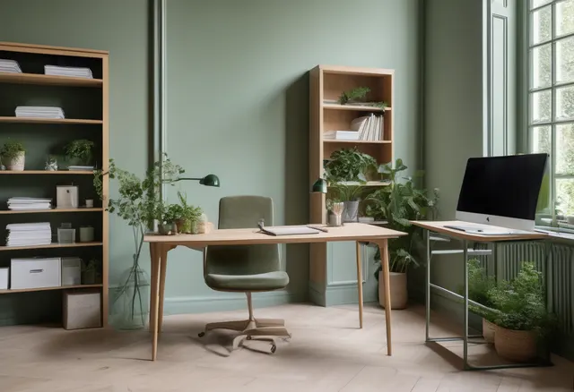 Helles Büro mit Schreibtisch, Regalen und Pflanzen